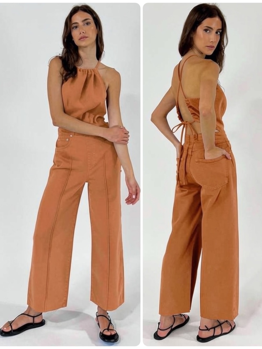 Etica Cami Cotton Light Rust Wide-Leg Crop Tue-Back Halter Jumpsuit $178